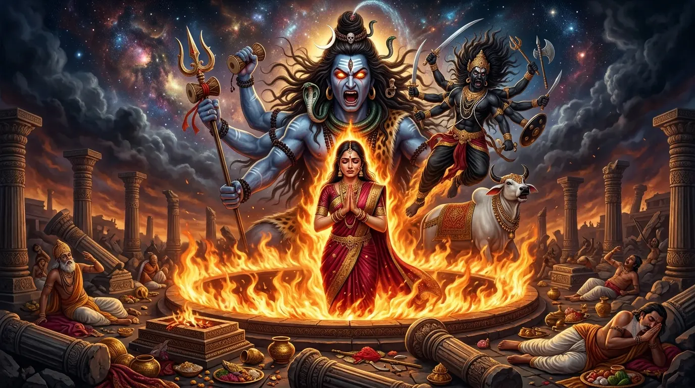 दक्ष यज्ञ की कथा बैनर में माता सती यज्ञ कुंड में और भगवान शिव क्रोधित होते हुए