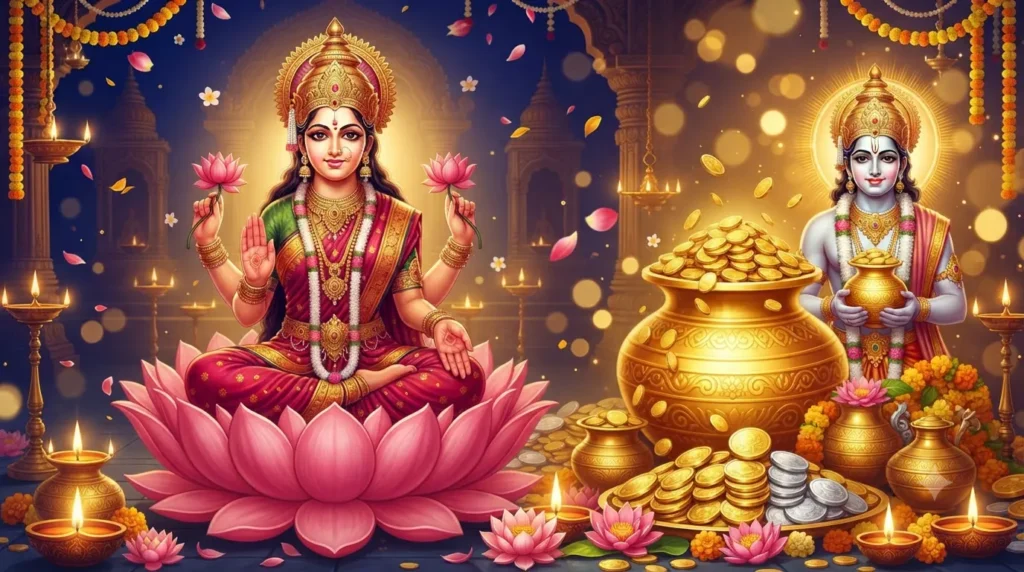 धनतेरस 2026 पर माता लक्ष्मी और भगवान धन्वंतरि के साथ स्वर्ण कलश का भव्य दृश्य