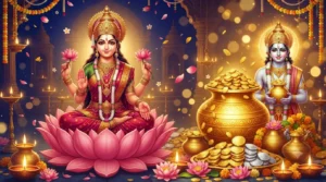 धनतेरस 2026 पर माता लक्ष्मी और भगवान धन्वंतरि के साथ स्वर्ण कलश का भव्य दृश्य