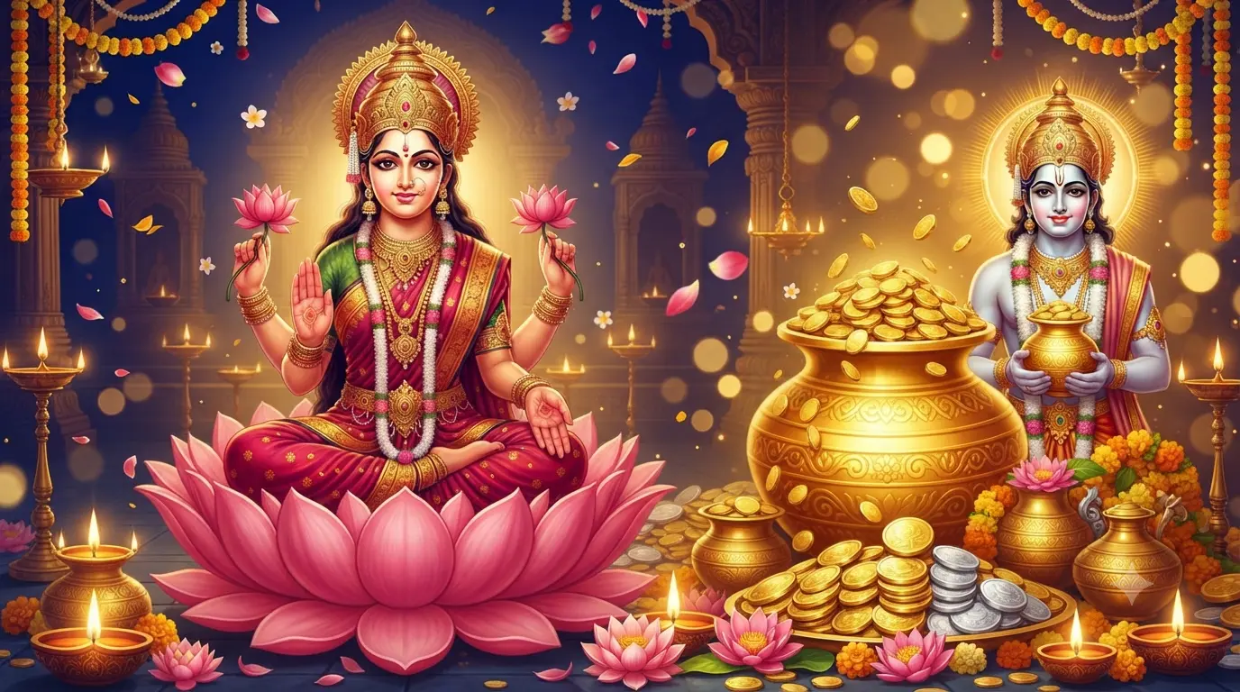 धनतेरस 2026 पर माता लक्ष्मी और भगवान धन्वंतरि के साथ स्वर्ण कलश का भव्य दृश्य