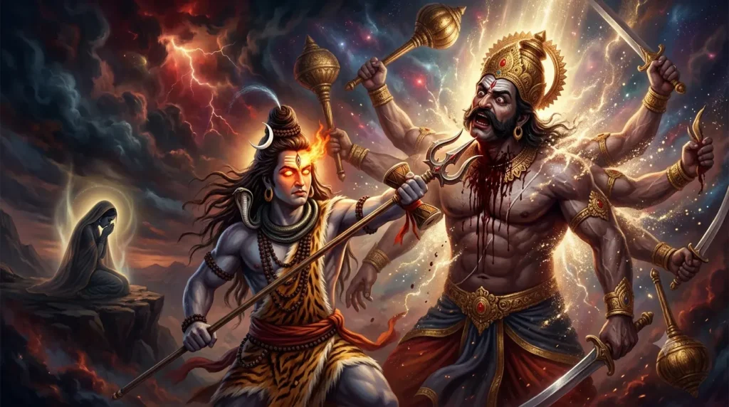 जालंधर वध की कथा बैनर में भगवान शिव त्रिशूल से जालंधर का वध करते हुए और वृंदा पृष्ठभूमि में