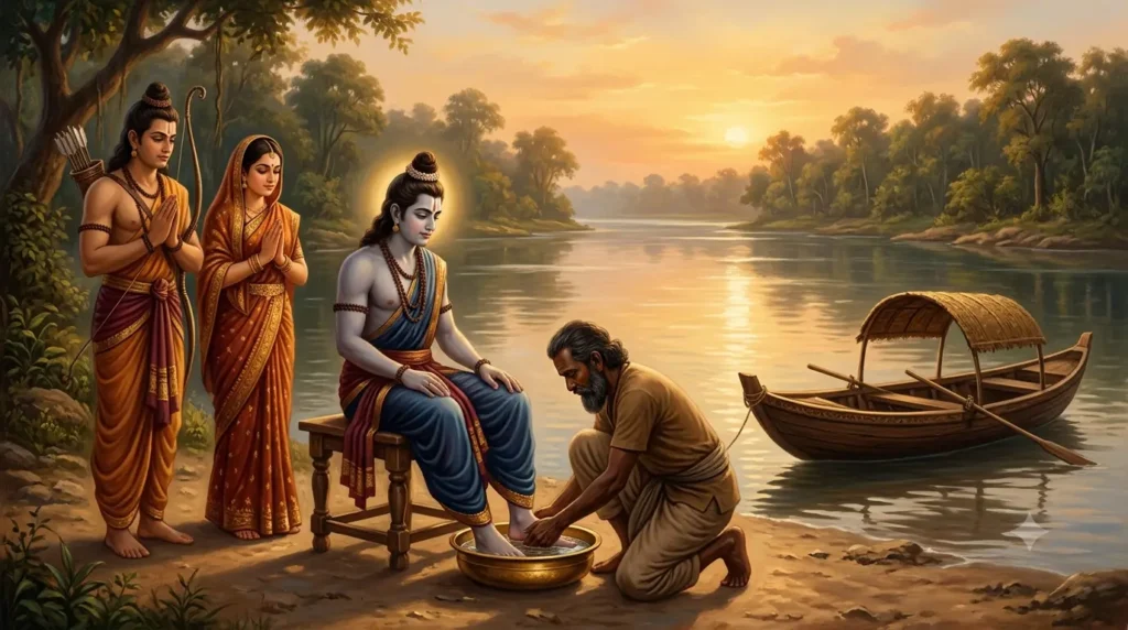केवट श्रीराम के चरण धोते हुए