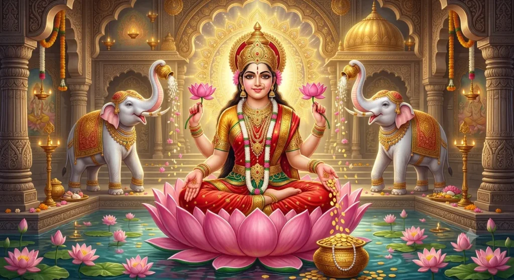 श्री लक्ष्मी के 108 नाम – कमल पर विराजमान माता लक्ष्मी