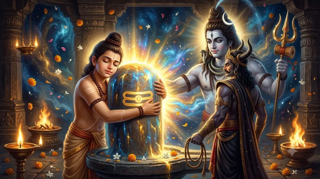 मार्कंडेय और महामृत्युंजय कथा बैनर में मार्कंडेय शिवलिंग से लिपटे हुए और भगवान शिव प्रकट होते हुए