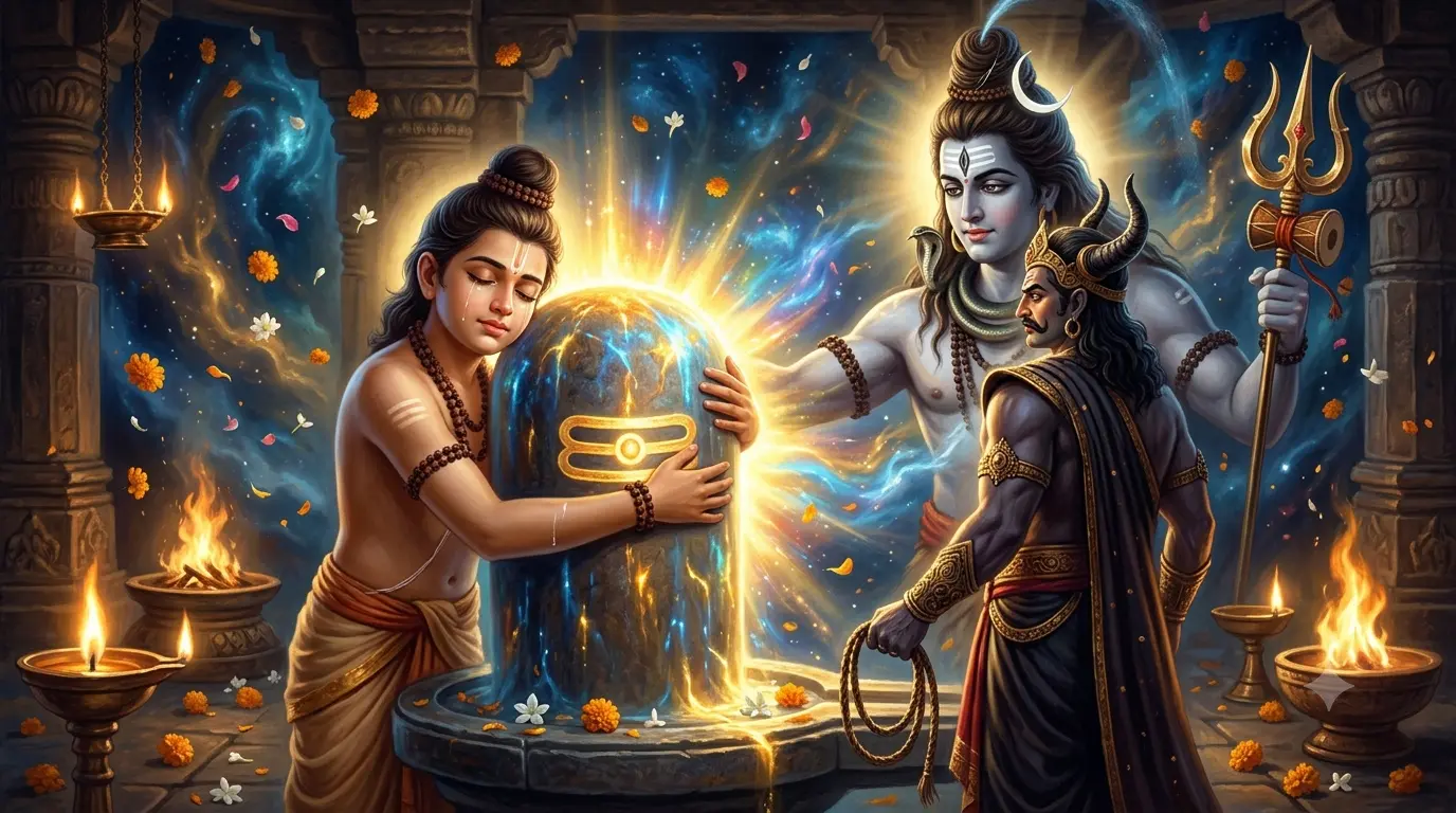 मार्कंडेय और महामृत्युंजय कथा बैनर में मार्कंडेय शिवलिंग से लिपटे हुए और भगवान शिव प्रकट होते हुए