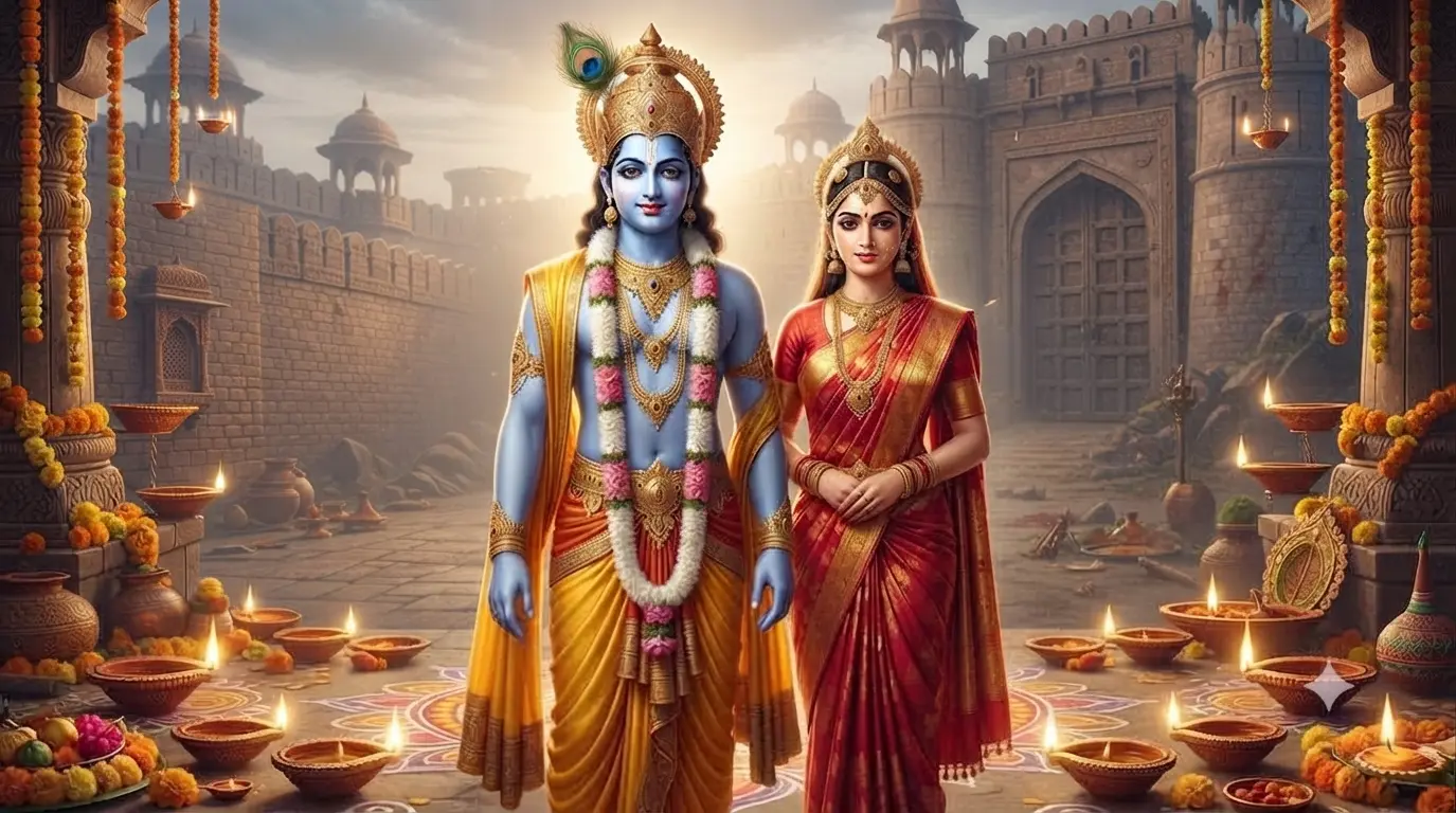 नरक चतुर्दशी 2026 पर भगवान श्रीकृष्ण और सत्यभामा का नरकासुर वध दृश्य