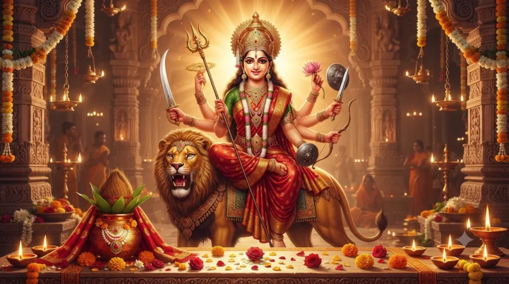 नवरात्रि 2026 में मां दुर्गा, कलश और दीपों का भव्य दृश्य