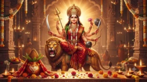नवरात्रि 2026 में मां दुर्गा, कलश और दीपों का भव्य दृश्य
