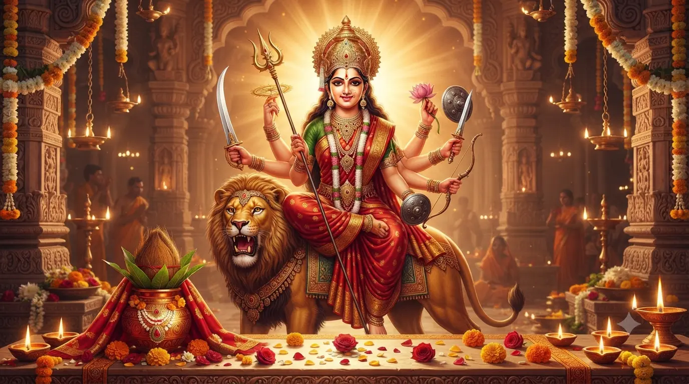 नवरात्रि 2026 में मां दुर्गा, कलश और दीपों का भव्य दृश्य
