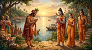 निषादराज गुह श्रीराम का स्वागत करते हुए