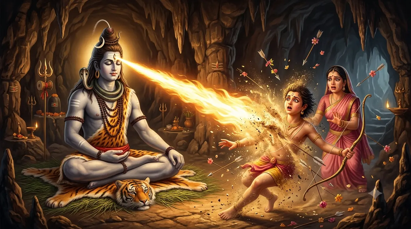 शिव और कामदेव की कथा में भगवान शिव तीसरा नेत्र खोलते हुए और कामदेव भस्म होते हुए