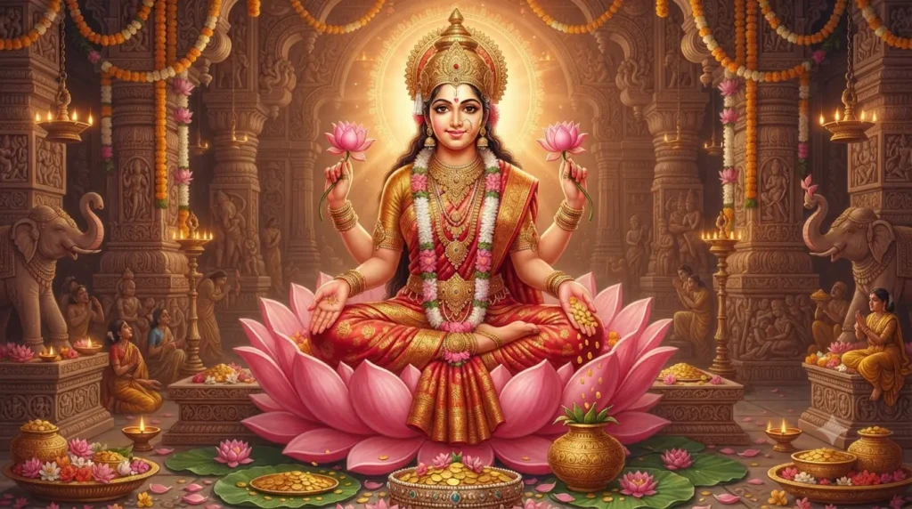 श्री लक्ष्मी कवच के लिए कमल पर विराजमान माता लक्ष्मी
