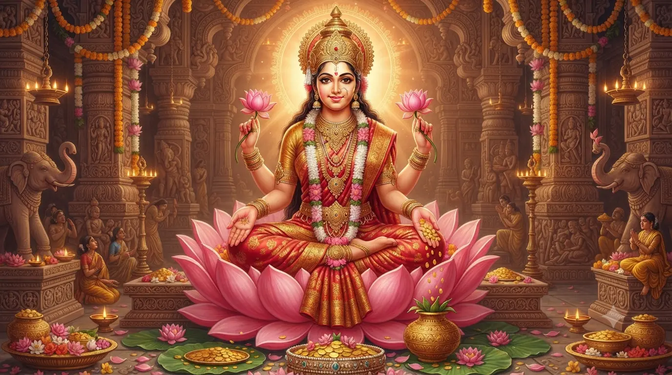 श्री लक्ष्मी कवच के लिए कमल पर विराजमान माता लक्ष्मी