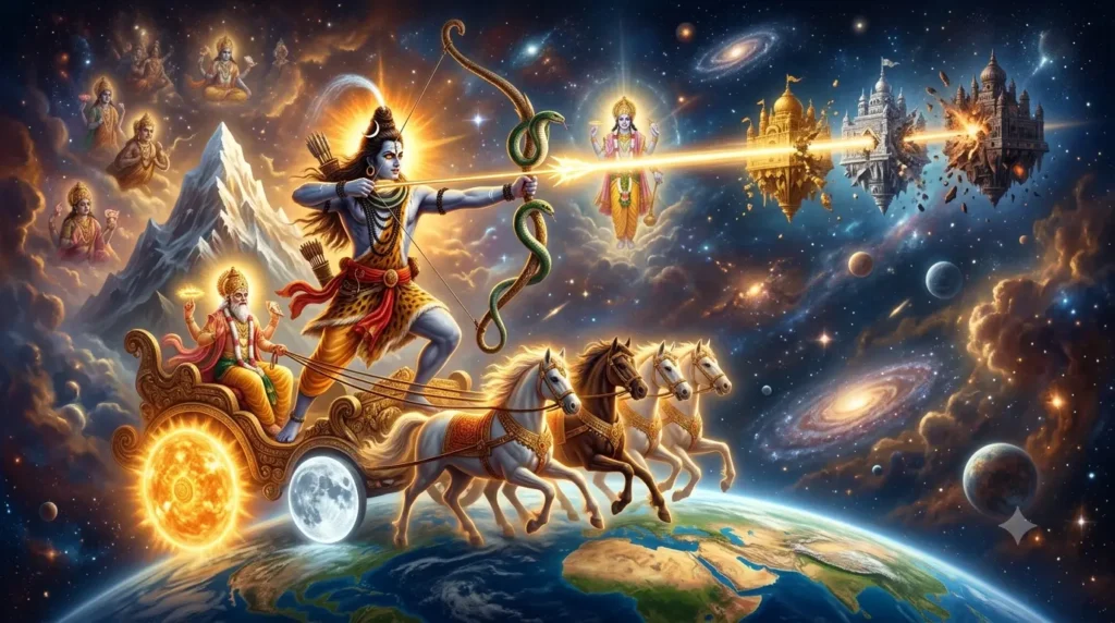 त्रिपुरासुर वध की कथा बैनर में भगवान शिव त्रिपुरारि रूप में ब्रह्मांडीय रथ पर और तीनों नगर आकाश में