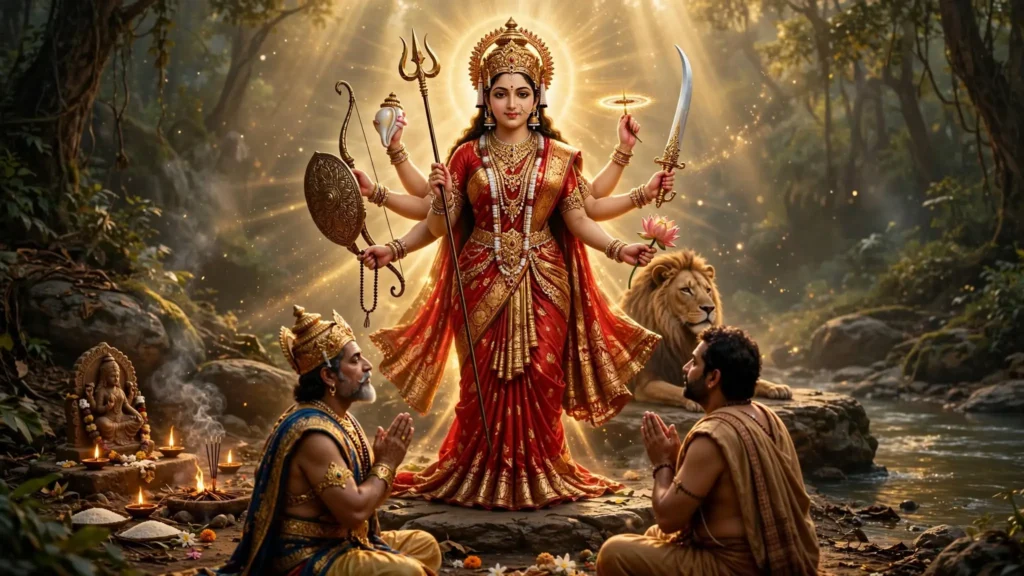 दुर्गा सप्तशती पाठ तेरहवाँ अध्याय में मां दुर्गा से वरदान प्राप्त करते राजा सुरथ और वैश्य