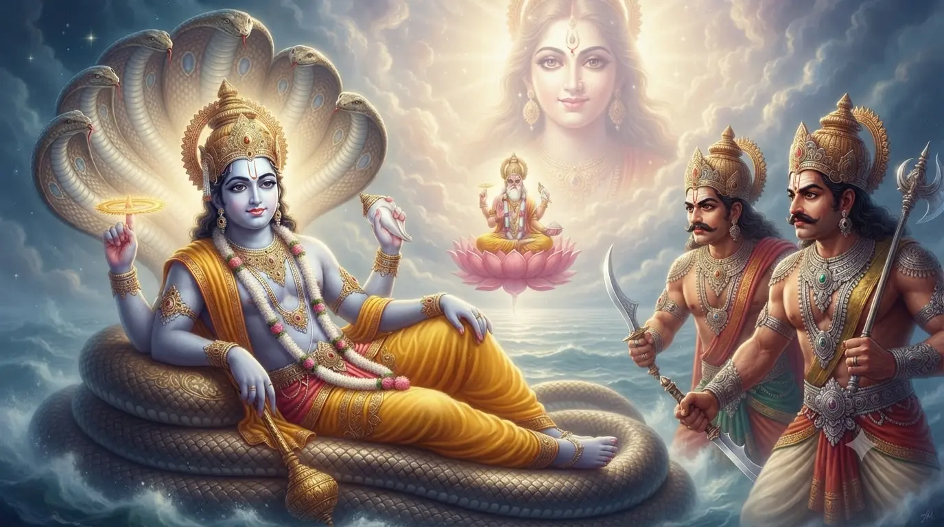 दुर्गा सप्तशती प्रथम अध्याय में भगवान विष्णु और मधु-कैटभ वध का दृश्य