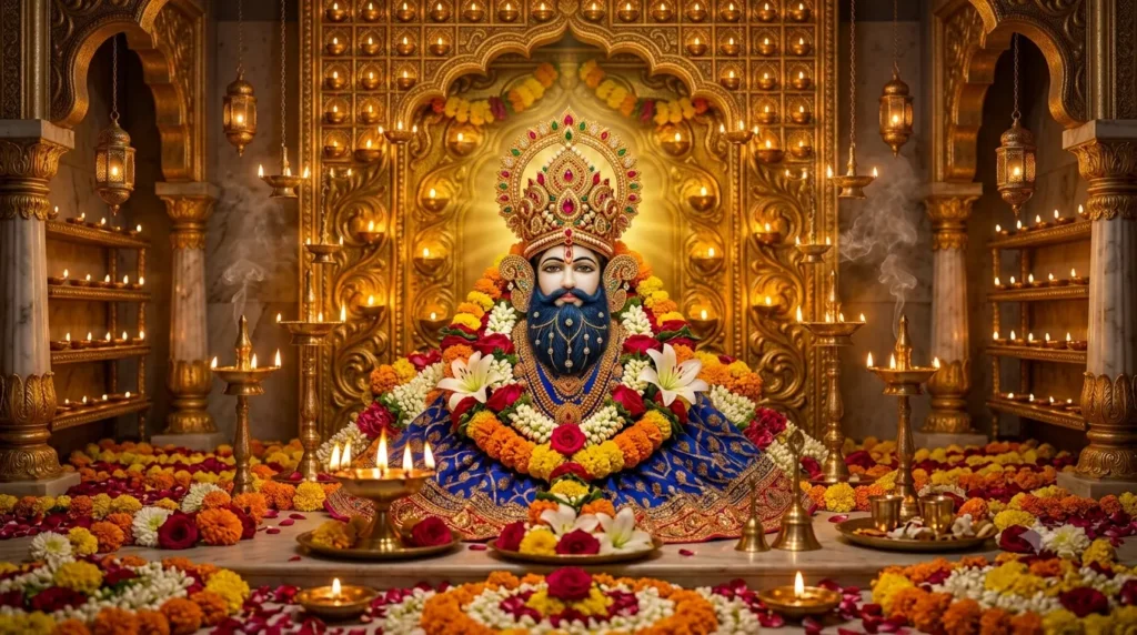 खाटू श्याम जी की दिव्य प्रतिमा और मंदिर का भक्तिमय दृश्य