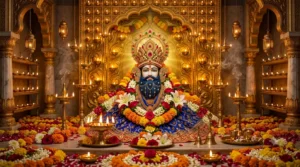 खाटू श्याम जी की दिव्य प्रतिमा और मंदिर का भक्तिमय दृश्य