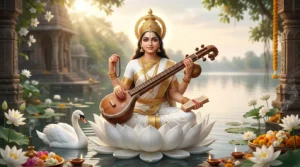 माँ सरस्वती की आरती के लिए वीणा धारण किए माँ सरस्वती का दिव्य बैनर