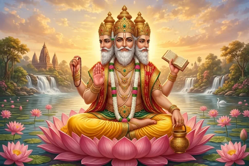 श्री ब्रह्मा जी की आरती के लिए कमल पर विराजमान भगवान ब्रह्मा की दिव्य प्रतिमा