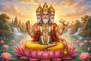 श्री ब्रह्मा जी की आरती के लिए कमल पर विराजमान भगवान ब्रह्मा की दिव्य प्रतिमा