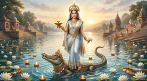 माँ गंगा की दिव्य छवि और पवित्र गंगा नदी में जलते पूजा के दीप