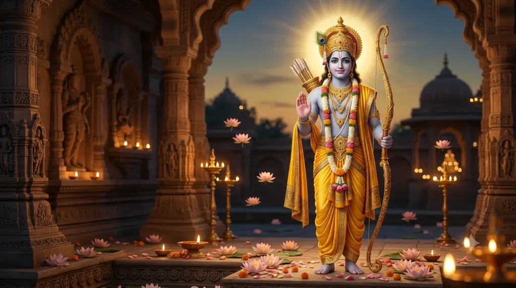 भगवान श्रीराम का दिव्य स्वरूप धनुष और बाण के साथ
